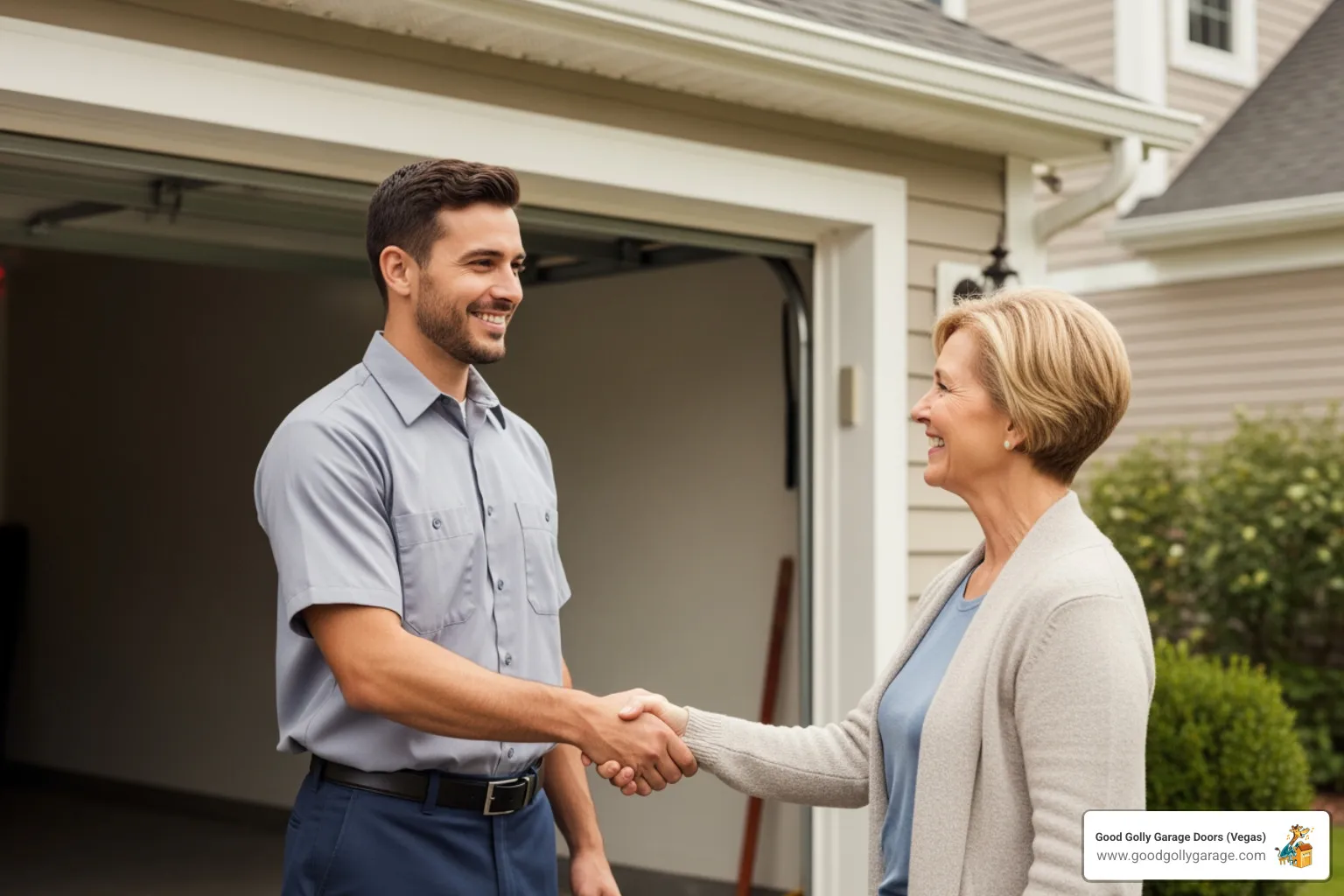 A professional garage door technician shaking hands with a satisfied homeowner after completing a repair - emergency garage door off track anthem nv