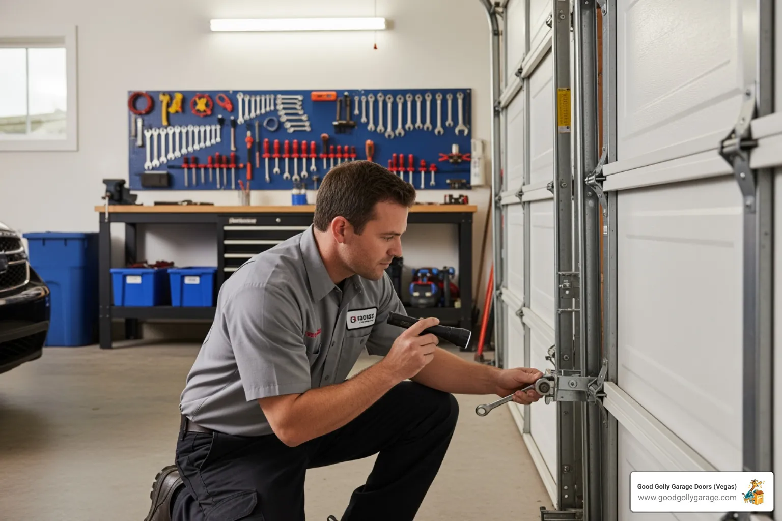 A uniformed technician safely inspecting an off-track garage door with professional tools - emergency garage door off track anthem nv