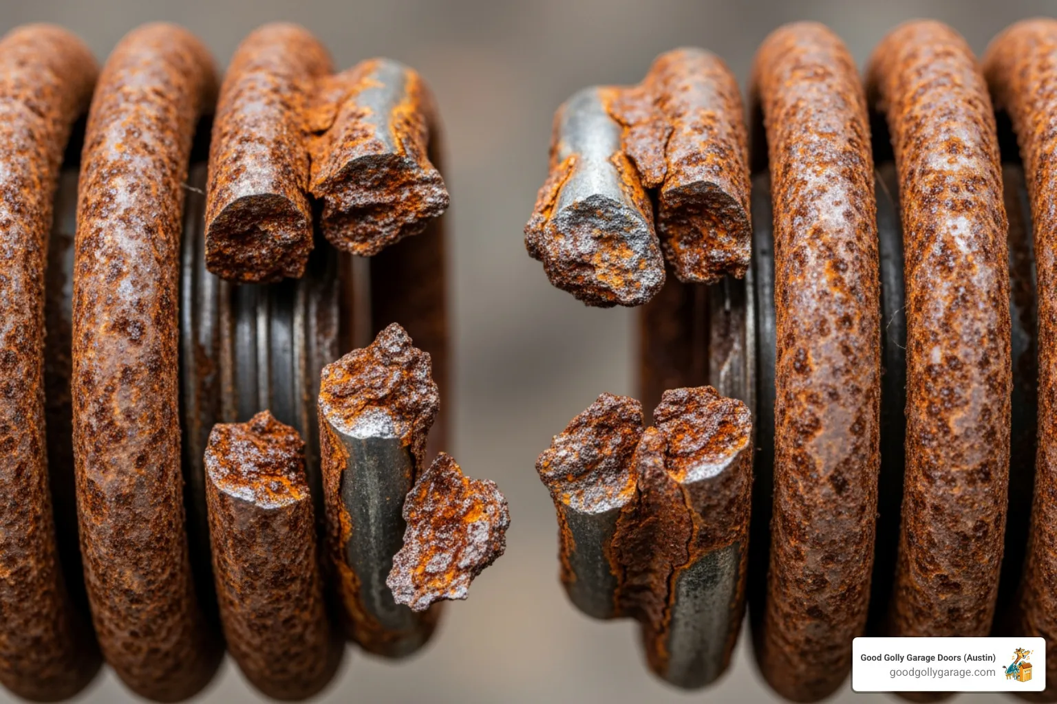 a close-up on a broken, rusted garage door spring - emergency broken garage door in leander tx