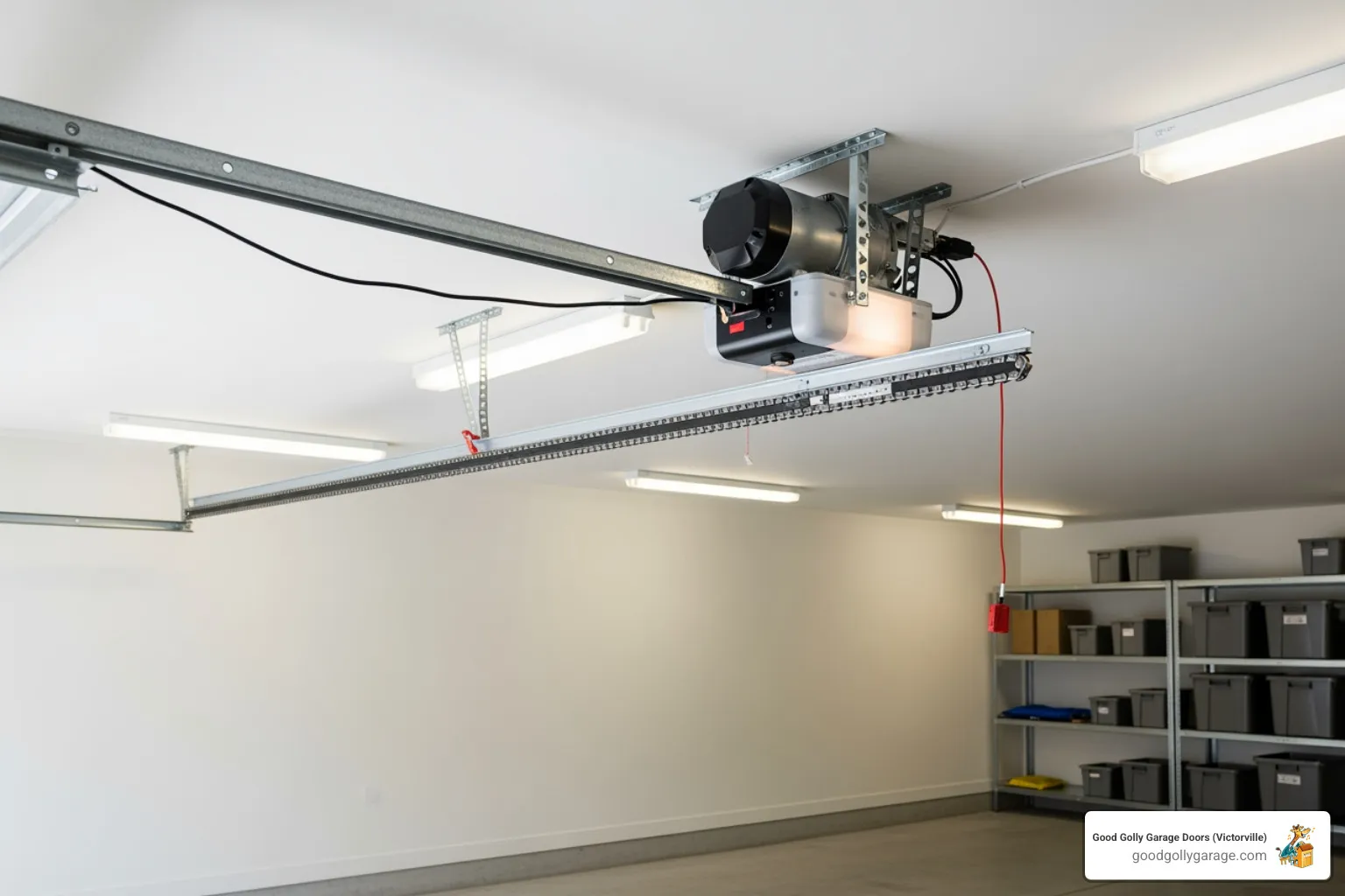 A garage door opener motor unit mounted to the ceiling of a garage, with the chain or belt drive extending towards the door - why is my broken garage door in running springs ca