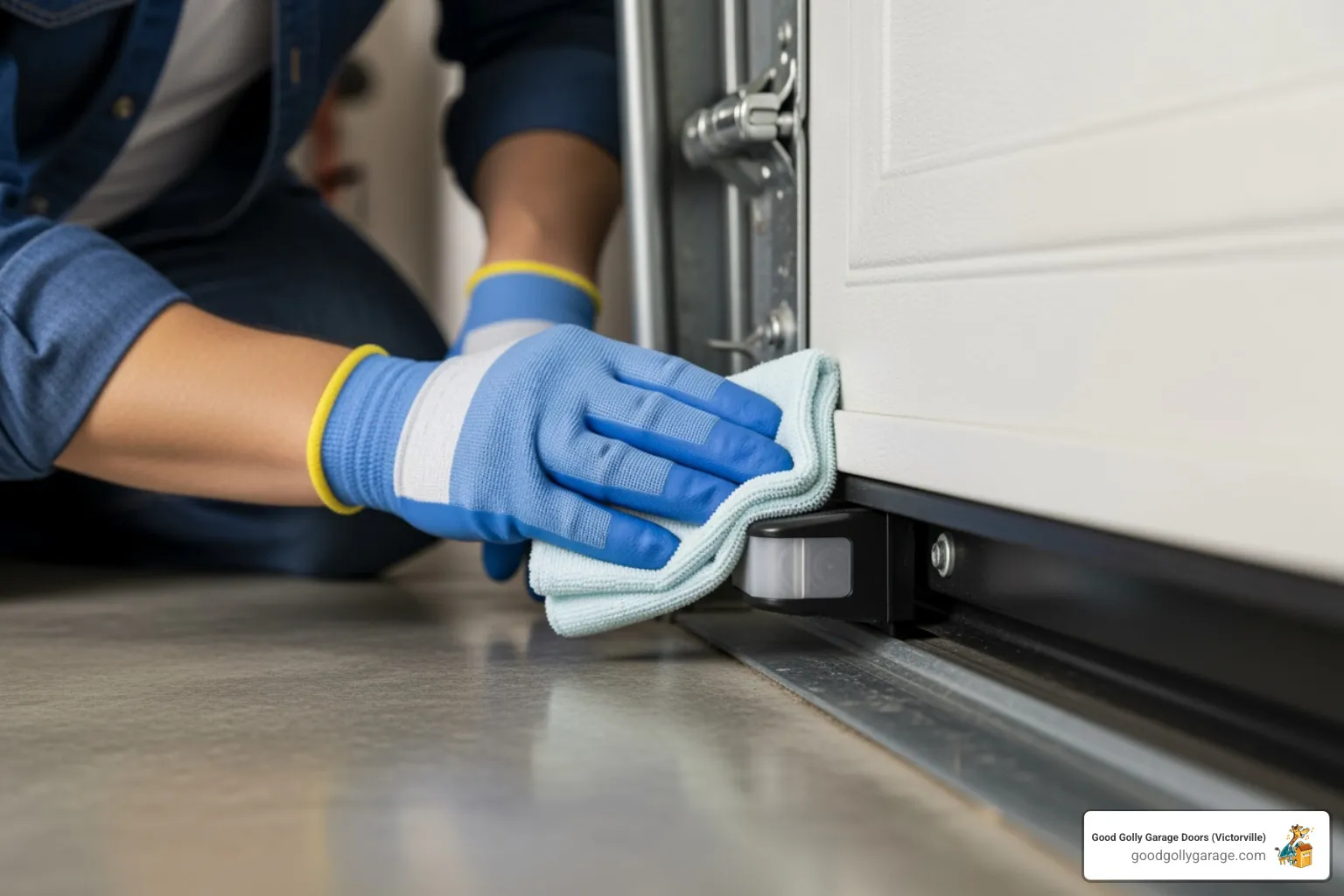A person cleaning a garage door safety sensor with a soft cloth, demonstrating a simple DIY check - why is my broken garage door in running springs ca