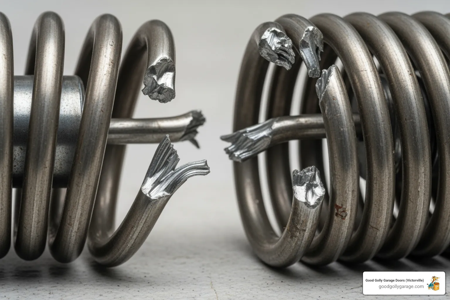 A clearly broken and dangerous-looking torsion spring, with visible signs of damage, emphasizing the hazard - why is my broken garage door in running springs ca