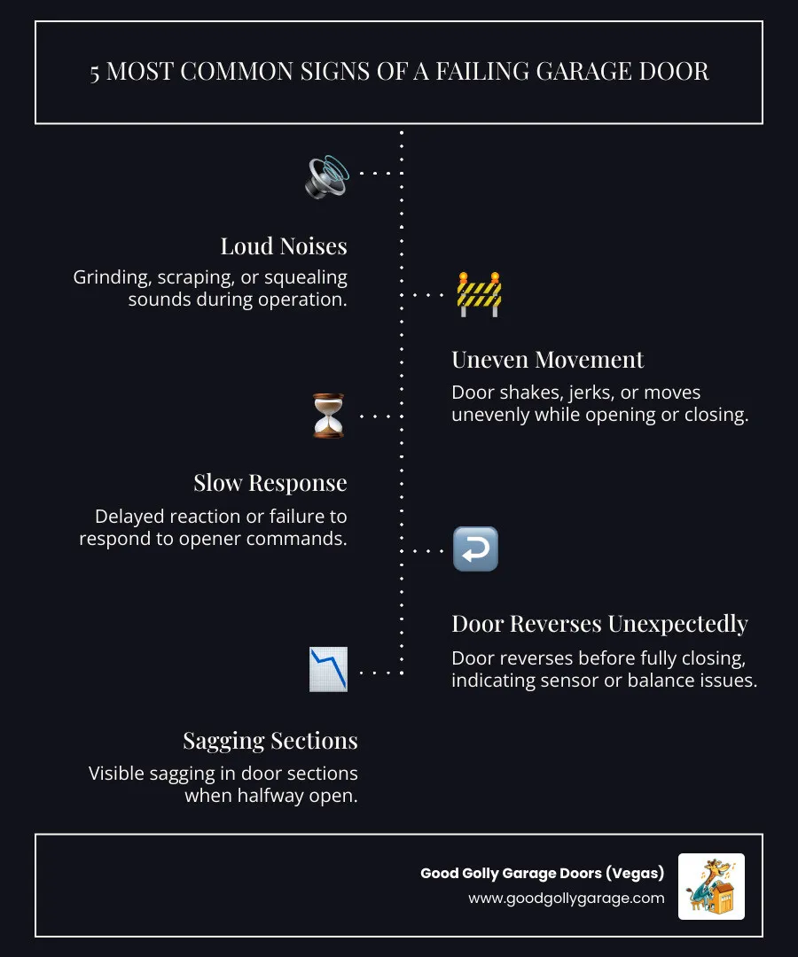 Infographic showing the 5 most common signs of a failing garage door: 1) Loud grinding or scraping noises during operation, 2) Door moves unevenly or shakes while opening or closing, 3) Slow response time or failure to respond to opener commands, 4) Door reverses unexpectedly before fully closing, 5) Visible sagging in door sections when halfway open - broken garage door repair sun city nv infographic infographic-line-5-steps-dark