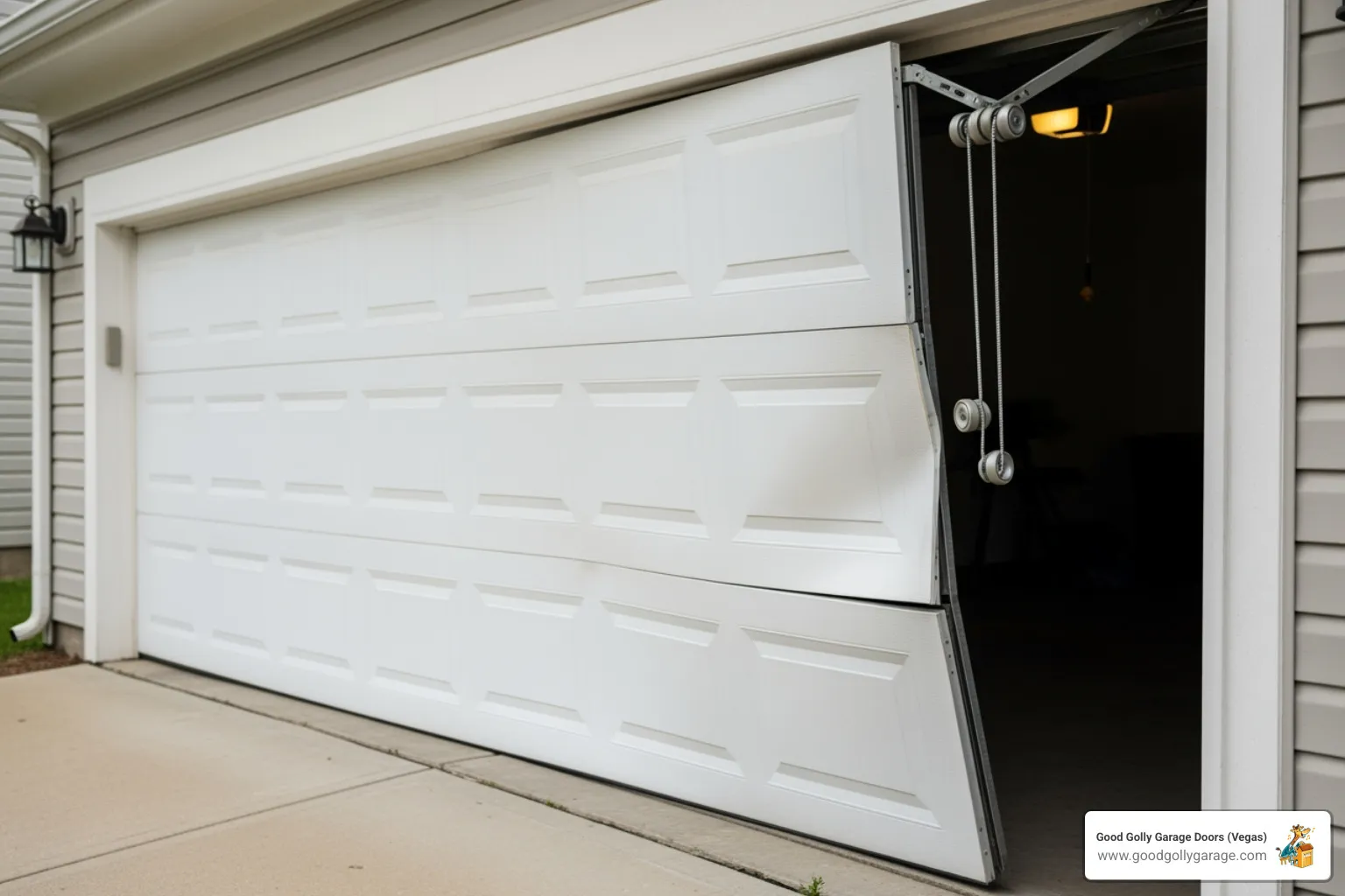 a garage door that is visibly off its track. - broken garage door repair sun city nv