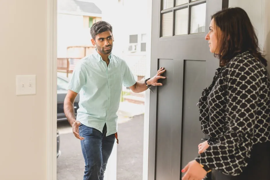 a friendly technician talking to a homeowner at their front door. - broken garage door repair sun city nv