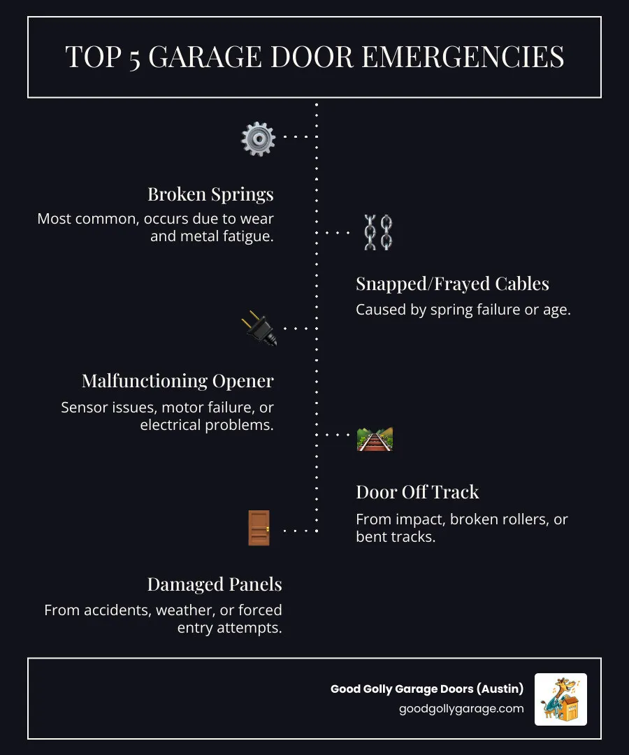 Infographic showing the top 5 most common garage door emergencies: 1) Broken torsion or extension springs (most common, occurs due to wear and metal fatigue), 2) Snapped or frayed cables (caused by spring failure or age), 3) Malfunctioning garage door opener (sensor issues, motor failure, or electrical problems), 4) Door off track (from impact, broken rollers, or bent tracks), 5) Damaged panels (from accidents, weather, or forced entry attempts). Each includes a simple icon and brief explanation of typical causes. - broken garage door same day repair in pflugerville tx infographic infographic-line-5-steps-dark