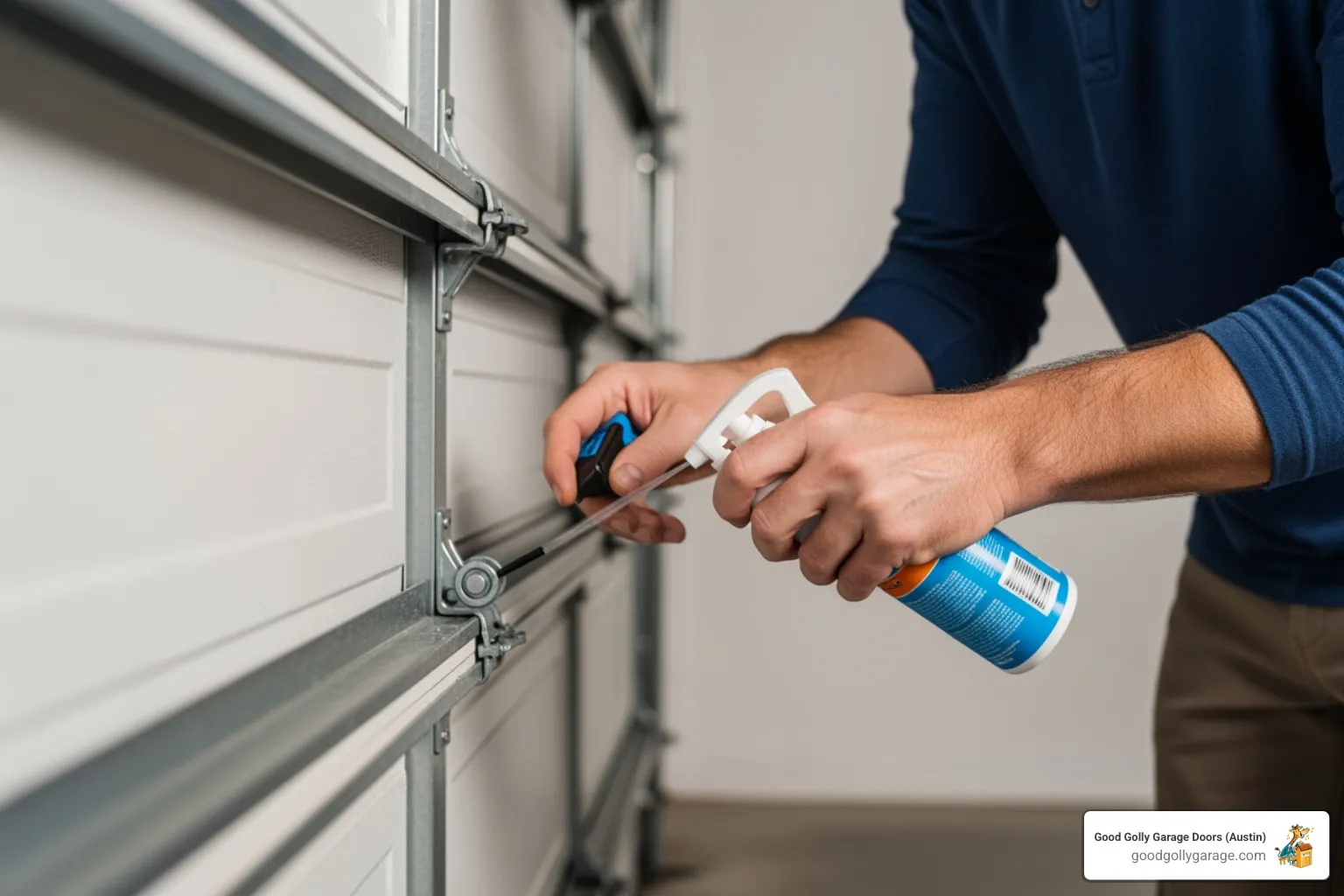 image of a homeowner lubricating garage door rollers - broken garage door same day repair in pflugerville tx