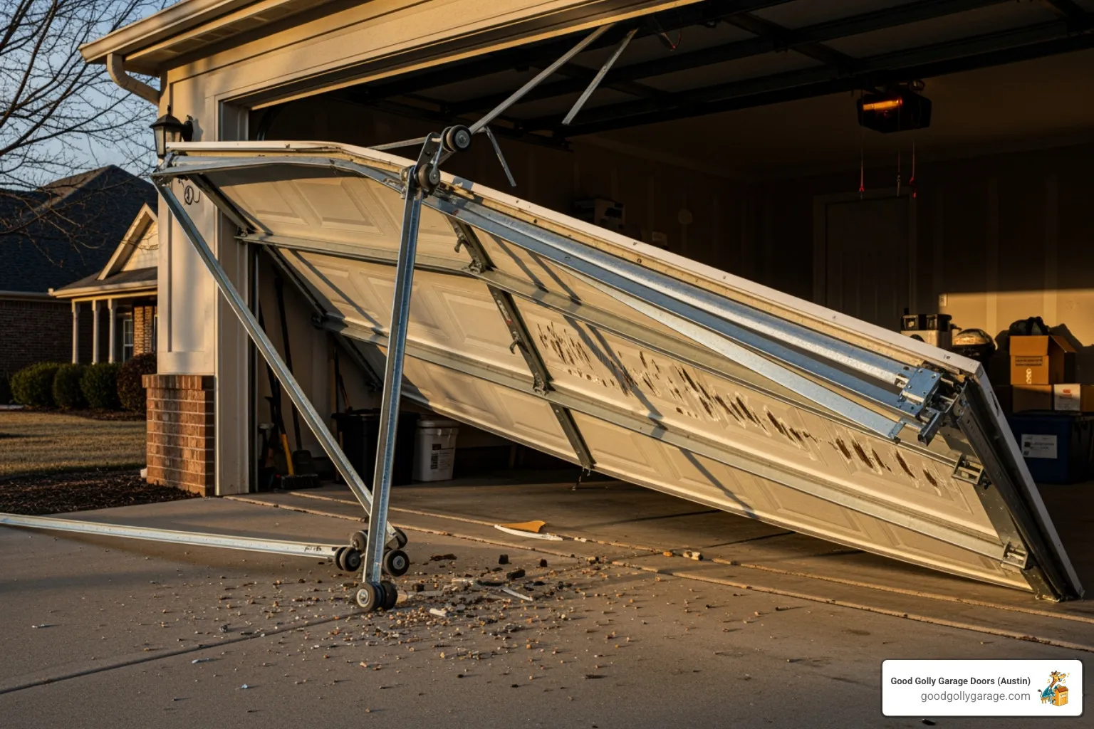 image of a garage door that has fallen off its tracks - broken garage door same day repair in pflugerville tx