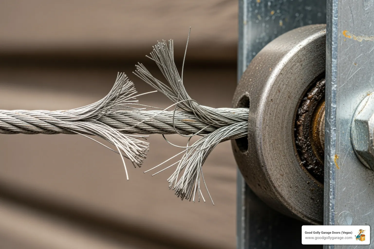 a frayed garage door cable next to a roller on a track. - broken garage door repair sun city nv