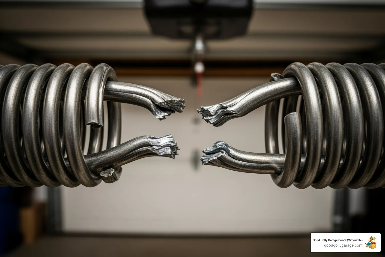 close-up on a broken garage door torsion spring - Why Is My Broken Garage Door In Oak Hills CA