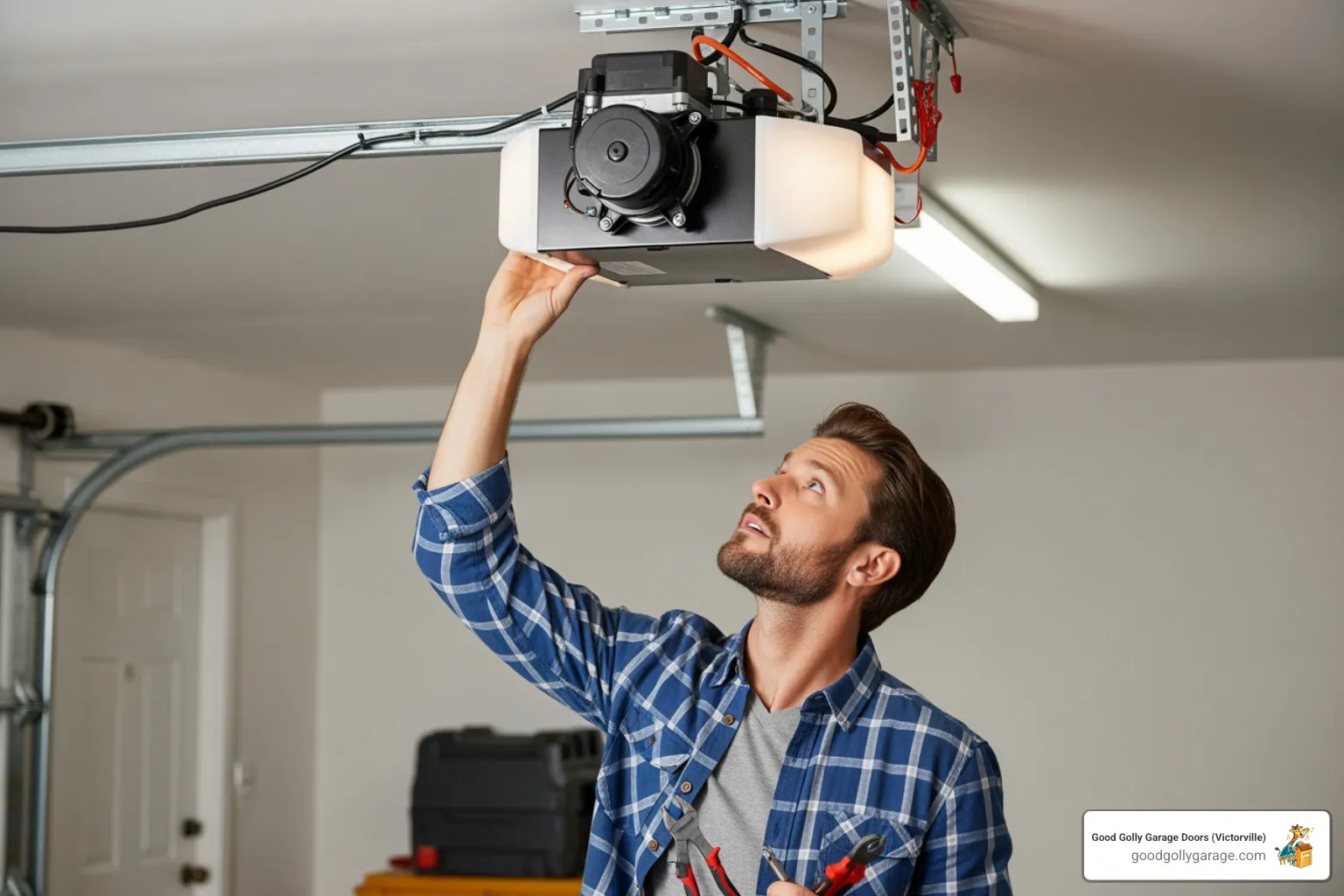 homeowner checking their garage door opener motor - Why Is My Broken Garage Door In Oak Hills CA