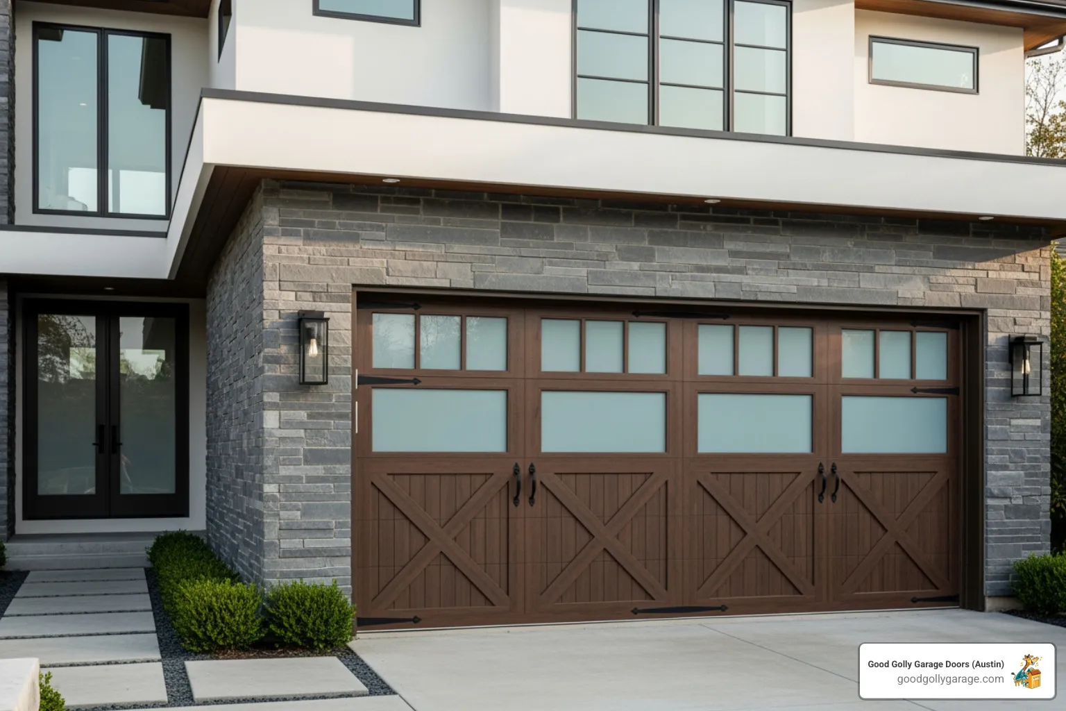 A stylish carriage house garage door on a modern home - garage door installation in cedar park tx