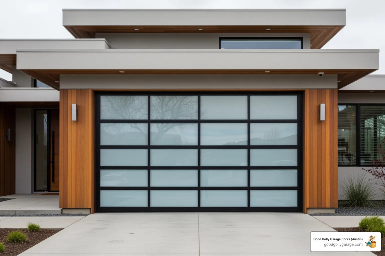 A modern glass and aluminum garage door on a contemporary home - garage door installation in cedar park tx
