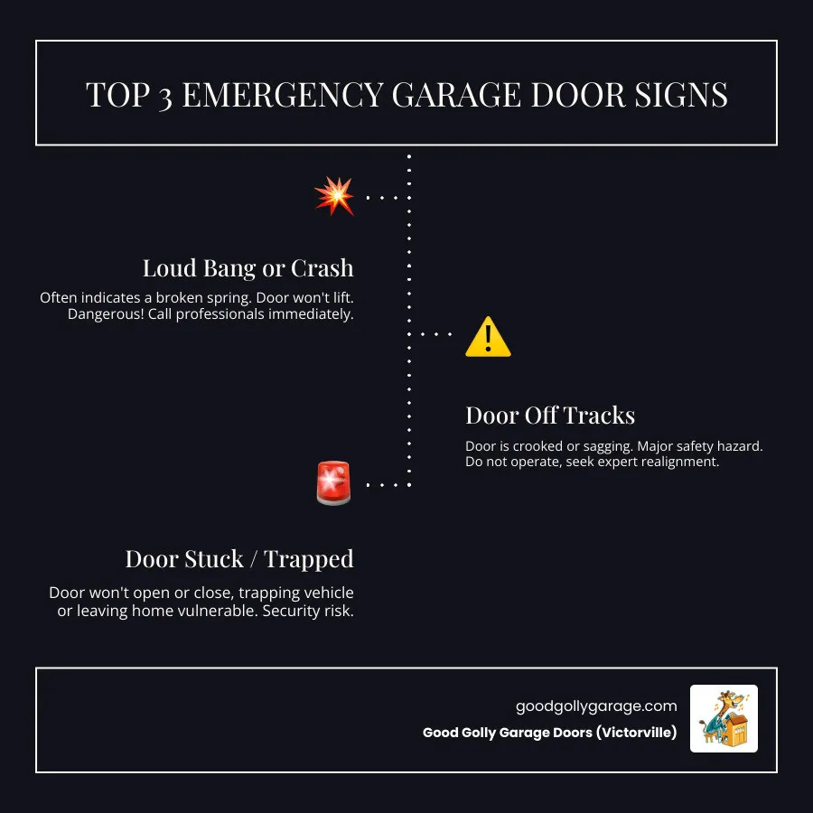 Infographic showing the top 3 signs you need emergency garage door repair: 1) Loud bang followed by door failure indicates broken spring requiring immediate professional service, 2) Door hanging crooked or off tracks poses safety risk and needs expert realignment, 3) Door stuck open or closed compromises home security and may trap vehicles - emergency broken garage door in wrightwood ca infographic infographic-line-3-steps-dark