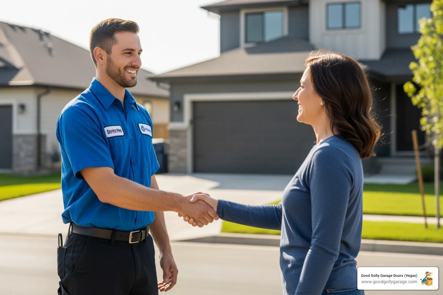 A friendly, uniformed technician shaking hands with a satisfied homeowner - best garage door repair north las vegas nv
