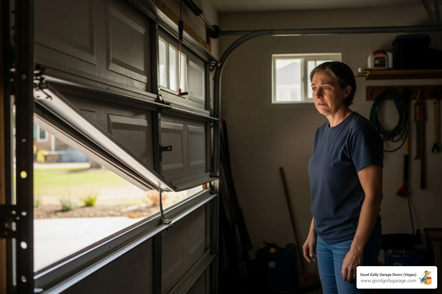 A homeowner looking concerned at their noisy, jerky garage door - best garage door repair north las vegas nv