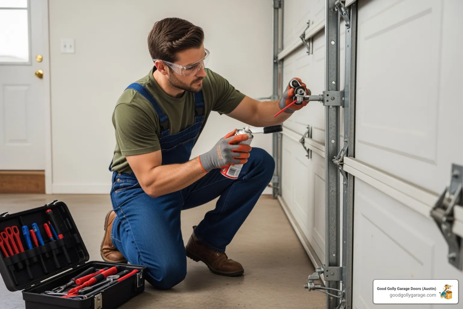A professional garage door technician performing a thorough inspection and lubrication of a residential garage door's moving parts, including springs, rollers, and hinges, as part of preventative maintenance - Emergency Broken Garage Door In Lakeway TX