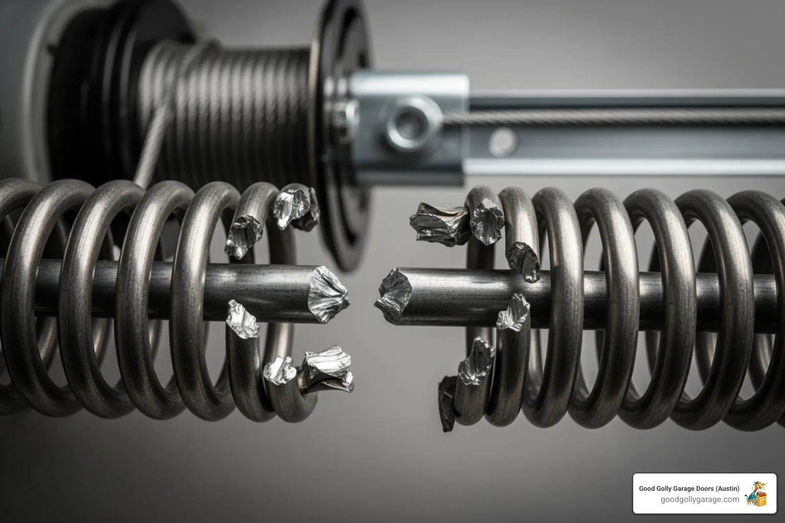 A close-up of a broken garage door torsion spring, showing the visible break in the coiled metal, indicative of a common and dangerous garage door malfunction - Emergency Broken Garage Door In Lakeway TX