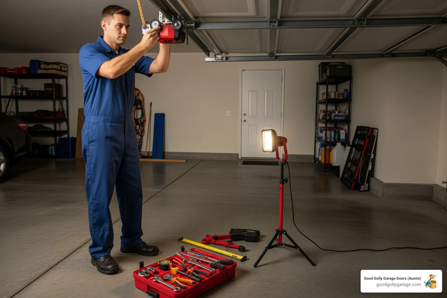 A professional garage door technician carefully realigning an off-track garage door, with tools visible and a focus on precision and safety - Emergency Broken Garage Door In Lakeway TX