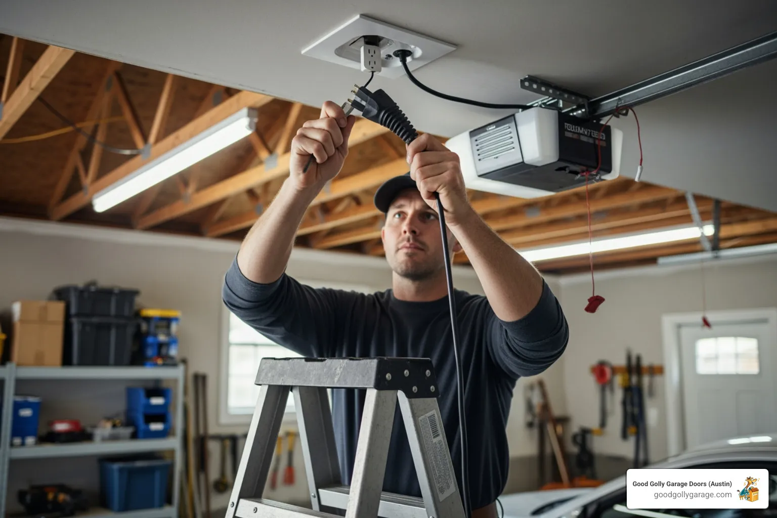 A homeowner safely unplugging their garage door opener from the ceiling outlet, demonstrating a crucial first step in securing a broken garage door - Emergency Broken Garage Door In Lakeway TX