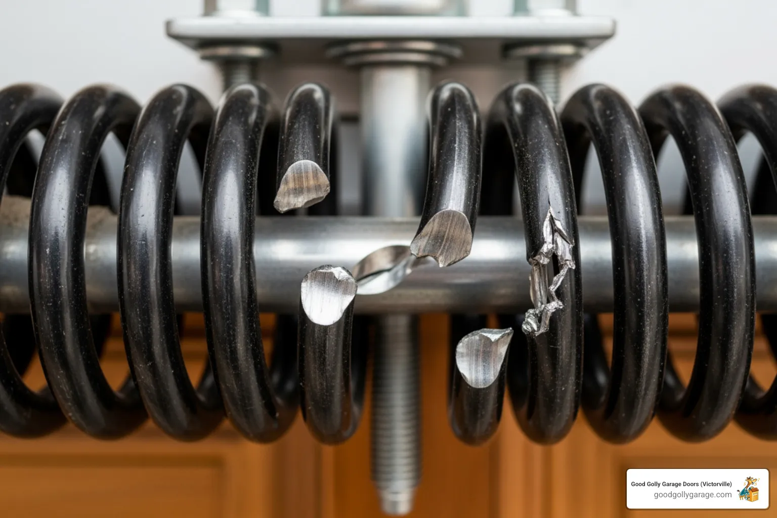 A broken high-tension torsion spring above a garage door - emergency broken garage door in helendale ca