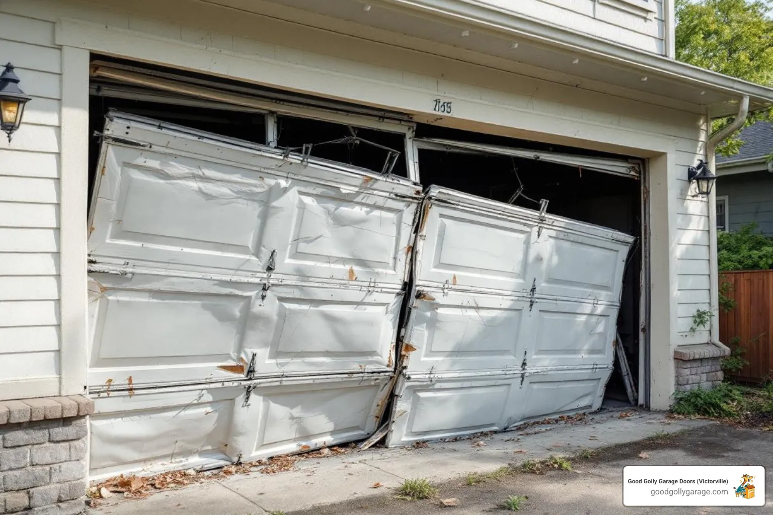 A garage door that has come completely off its tracks - emergency broken garage door in helendale ca