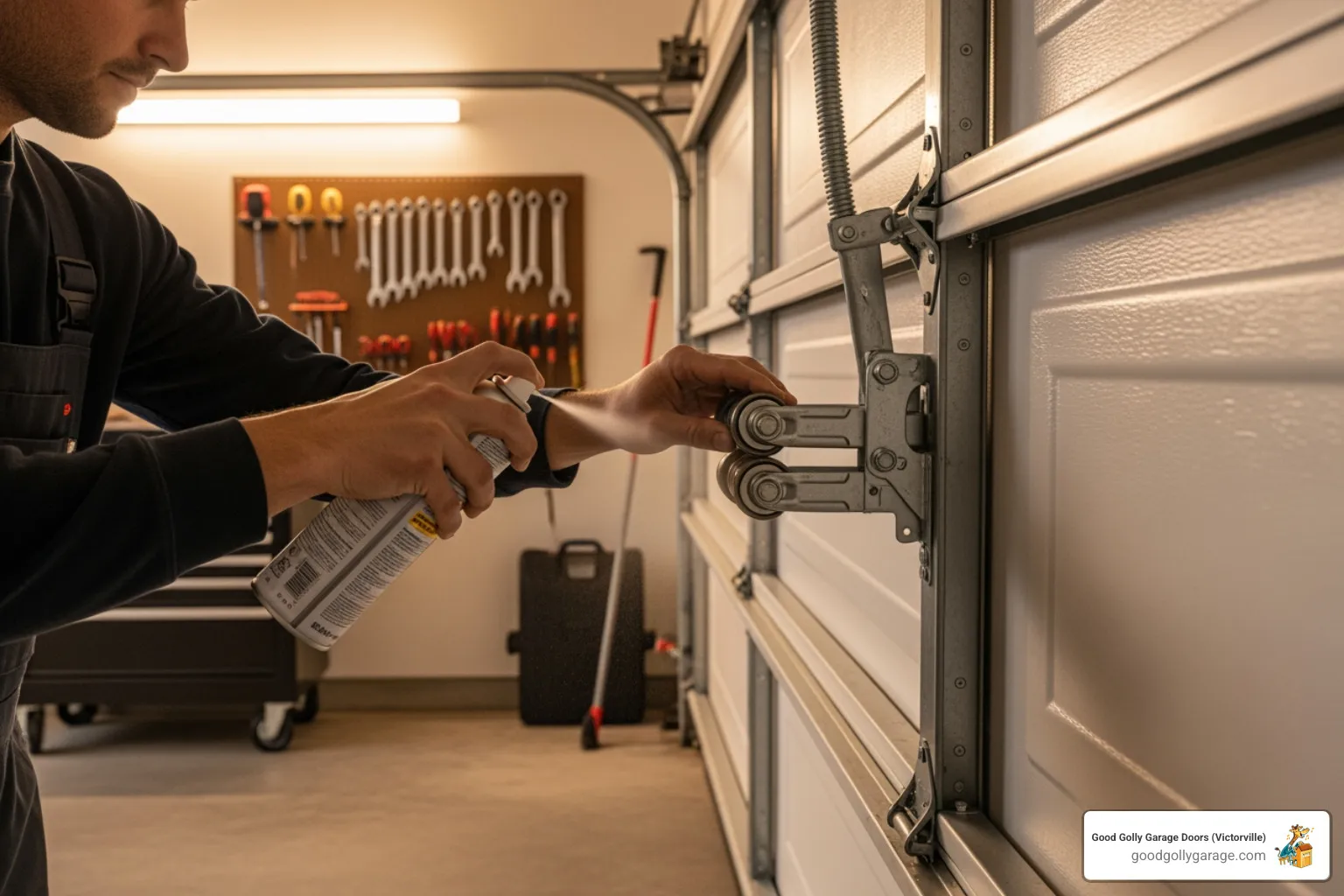 A homeowner lubricating garage door rollers with a spray can - emergency broken garage door in helendale ca