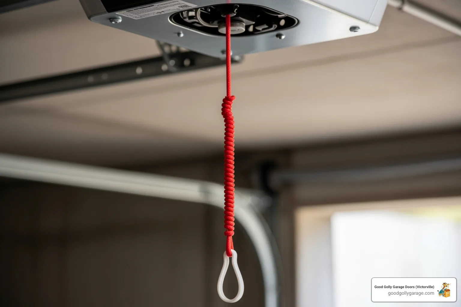 A red emergency release cord on a garage door opener - emergency broken garage door in helendale ca