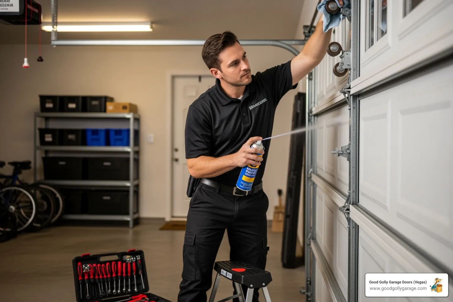 technician lubricating garage door rollers - broken garage door summerlin nv