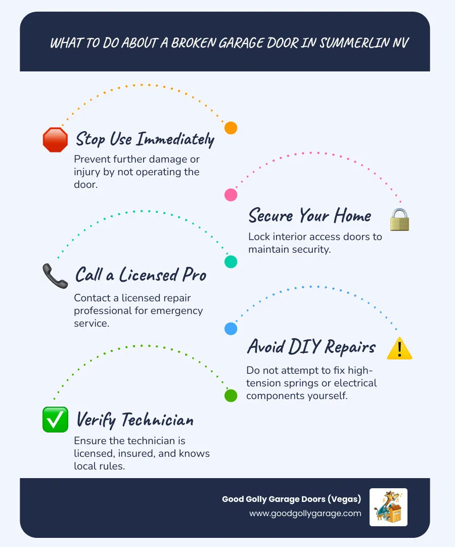 Infographic showing the main components of a garage door system including torsion springs at the top, cable drums on both sides, vertical tracks, horizontal tracks along the ceiling, rollers within the tracks, bottom weather seal, garage door opener motor mounted on the ceiling with a drive mechanism, safety sensors at the base on both sides, and door panels stacked vertically - broken garage door summerlin nv infographic infographic-line-5-steps-blues-accent_colors