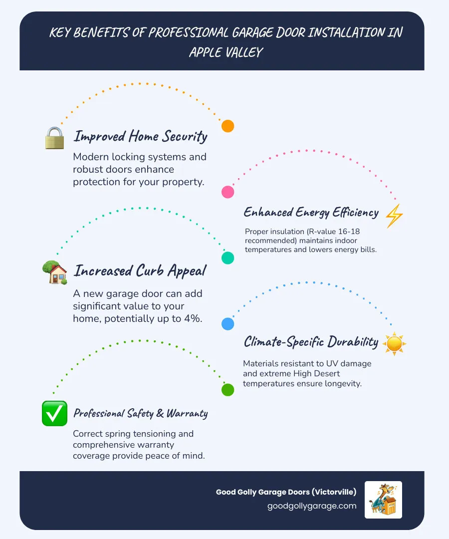 Infographic showing the key benefits of professional garage door installation in Apple Valley: improved home security with modern locking systems, enhanced energy efficiency through proper insulation (R-value 16-18 recommended), increased curb appeal adding up to 4% home value, climate-specific materials resisting UV damage and extreme temperatures, and professional safety with proper spring tensioning and warranty coverage - best garage door installation in apple valley ca infographic infographic-line-5-steps-blues-accent_colors