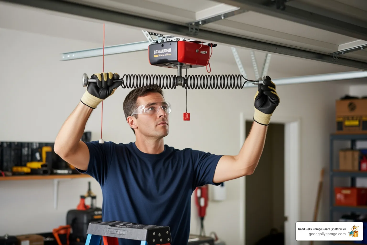 uniformed technician balancing garage door spring - best garage door installation in apple valley ca