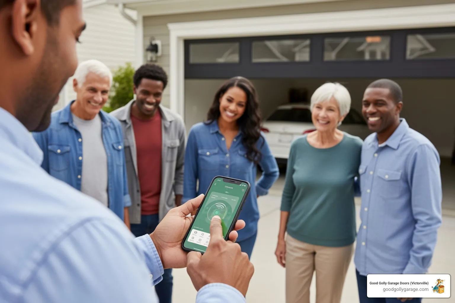 homeowner using smartphone to operate smart garage door opener - best garage door installation in apple valley ca