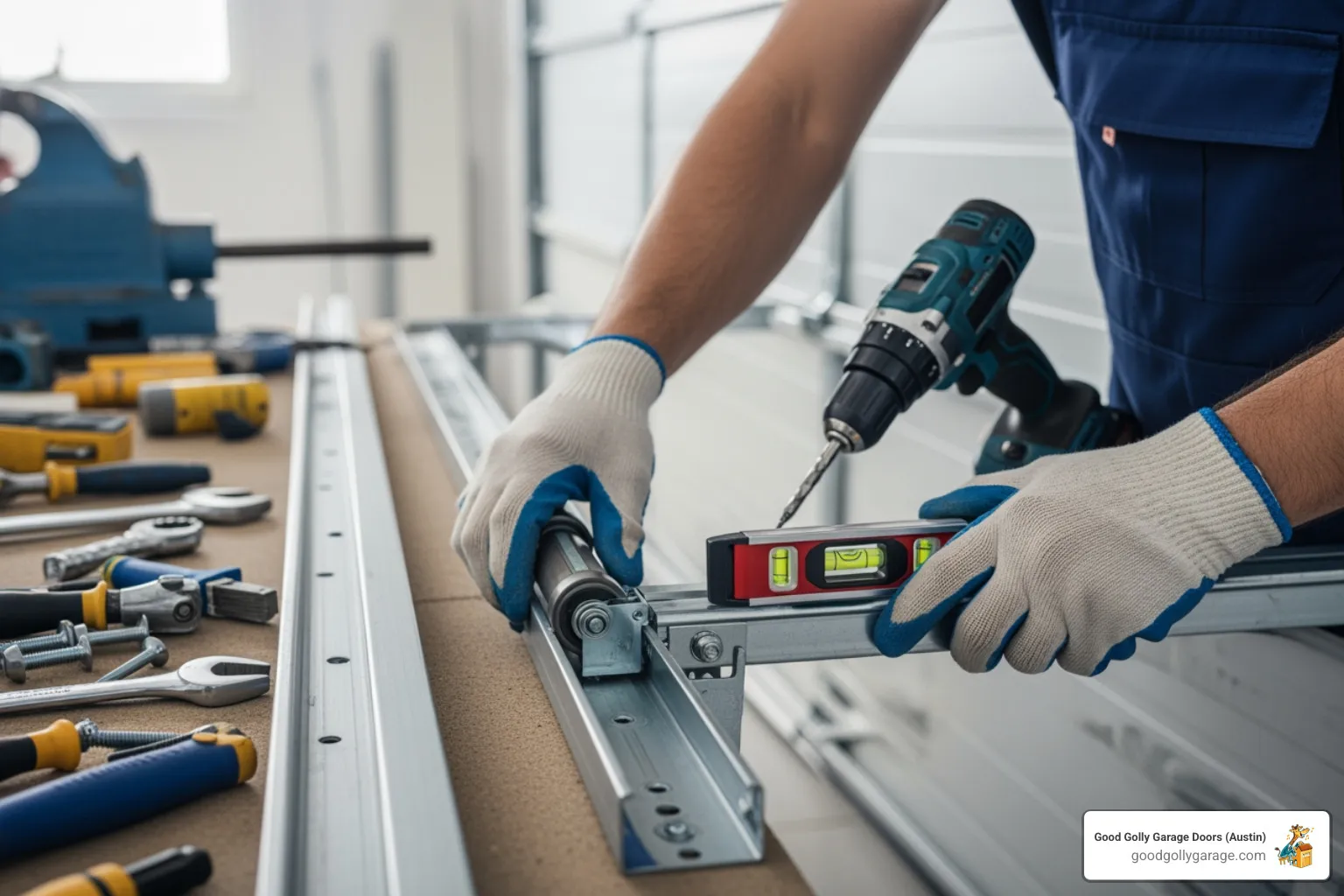 Image of a certified technician carefully installing a new garage door system - garage door installation in lakeway tx