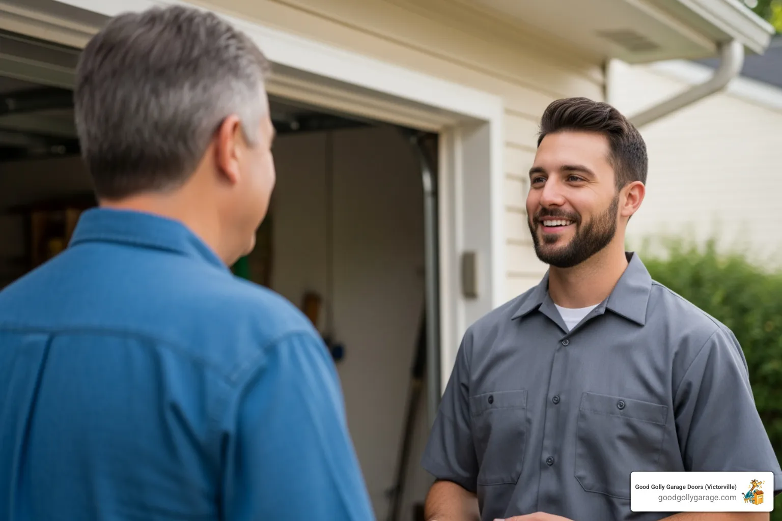friendly professional technician talking to a homeowner in front of a repaired garage door - Why Is My Broken Garage Door In Hesperia CA