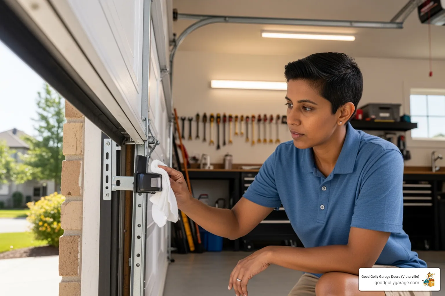 homeowner safely wiping a garage door safety sensor with a cloth - Why Is My Broken Garage Door In Hesperia CA