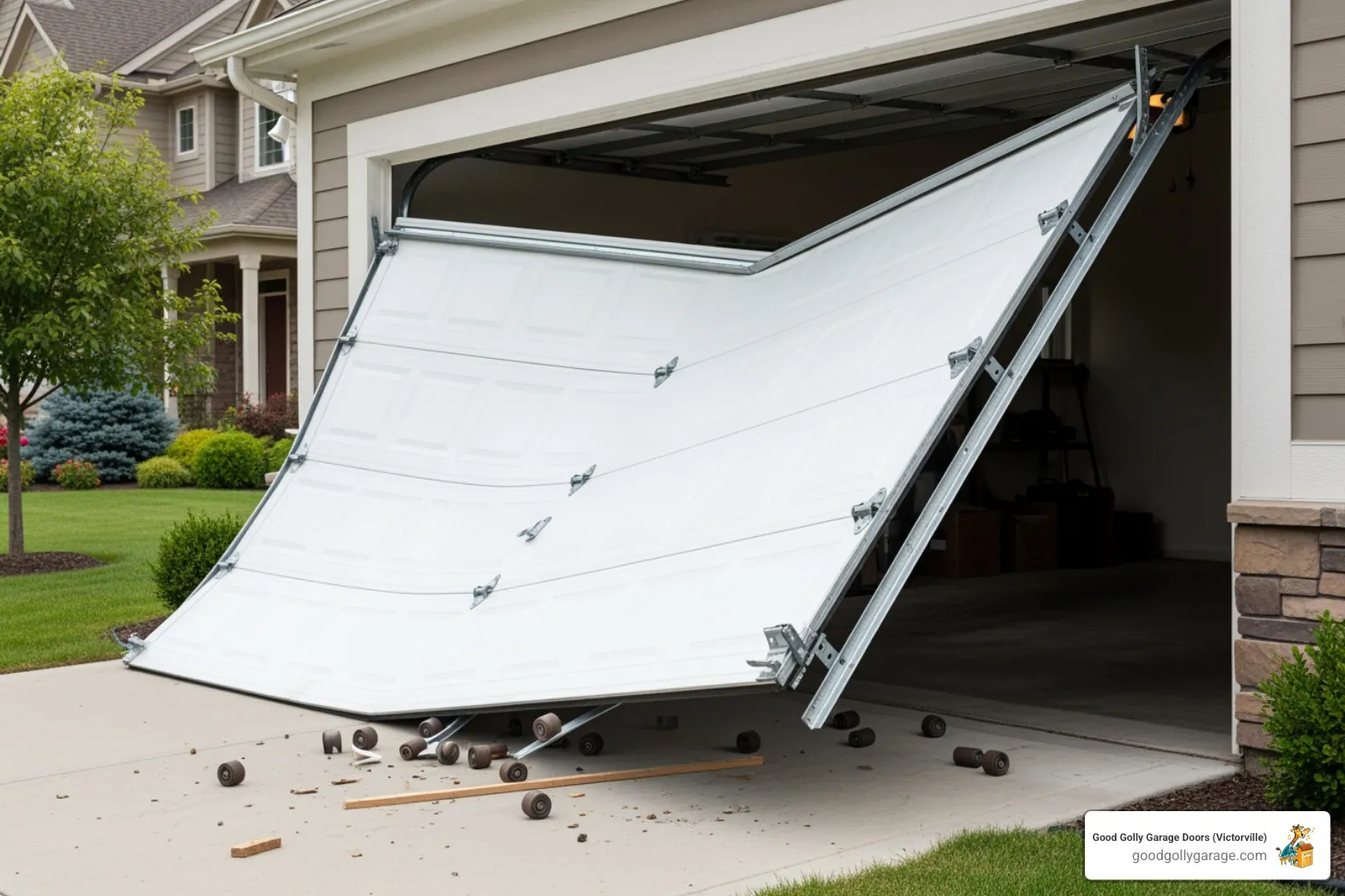a garage door that has fallen completely off its tracks - Why Is My Broken Garage Door In Hesperia CA