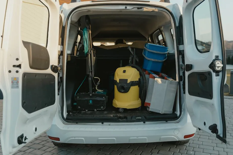a service van with its back doors open, showing organized tools and parts, ready for a job - broken garage door repair in cedar park tx