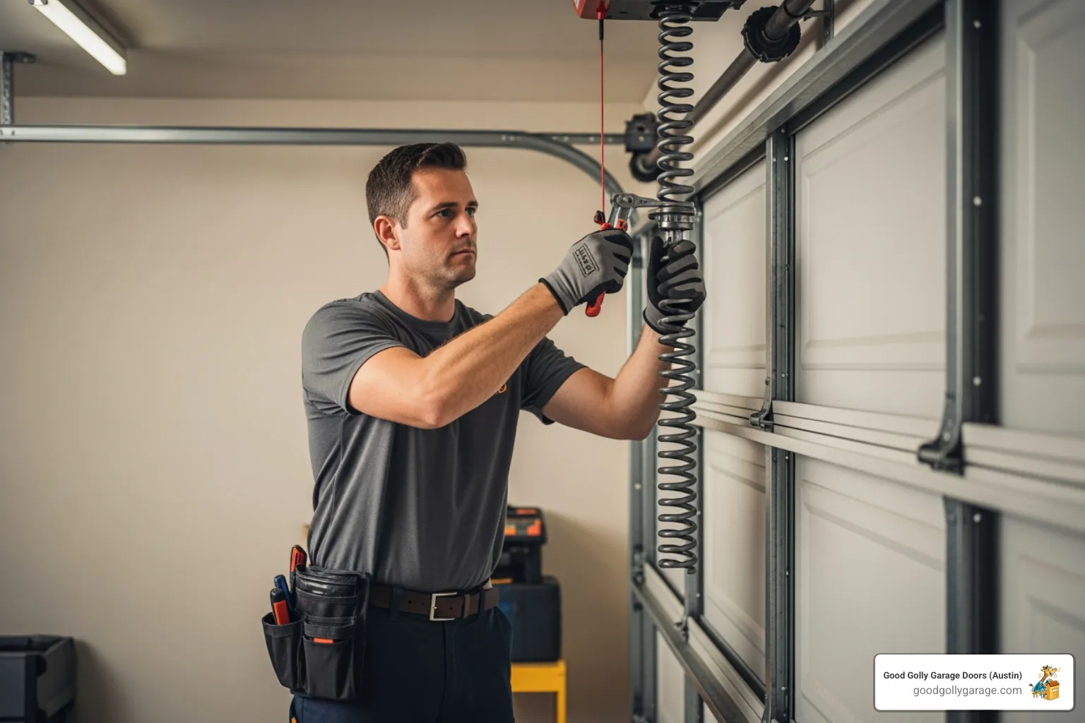 a professional technician safely handling a garage door spring with the proper tools - broken garage door repair in cedar park tx