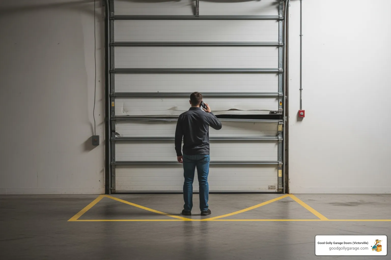 A person standing at a safe distance from a broken garage door, on the phone, indicating they are calling for professional help - broken garage door in lake arrowhead ca