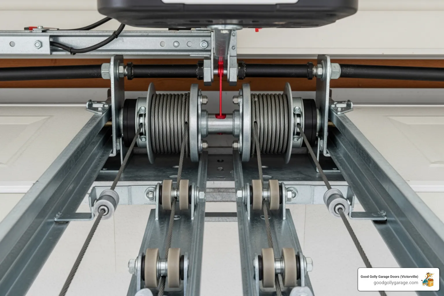Infographic showing the main components of a garage door system including torsion springs, cables, rollers, tracks, panels, weather stripping, and opener mechanism with labels indicating common failure points - broken garage door in lake arrowhead ca