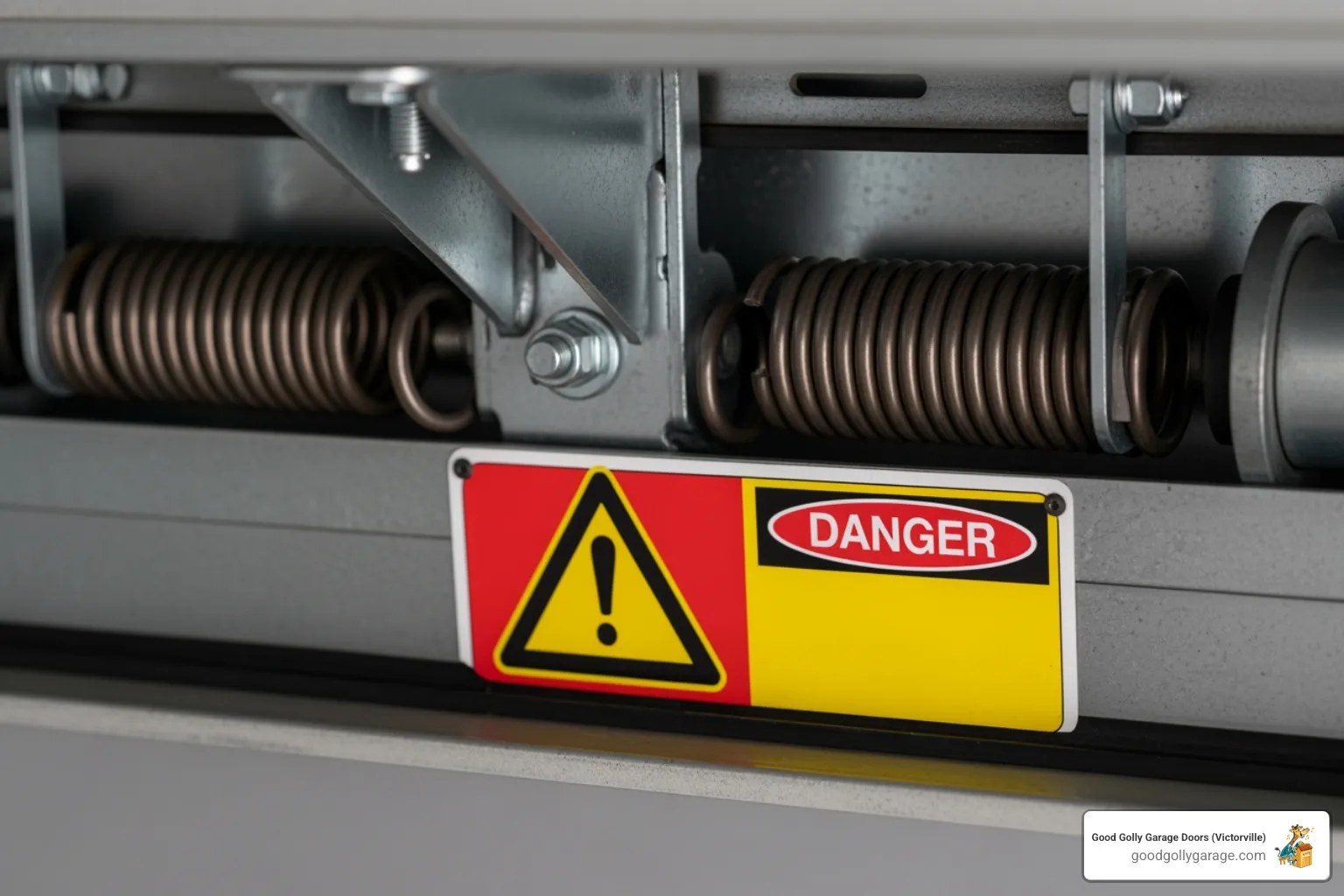 A warning sign prominently displayed near a garage door's high-tension springs, emphasizing the danger - broken garage door in lake arrowhead ca