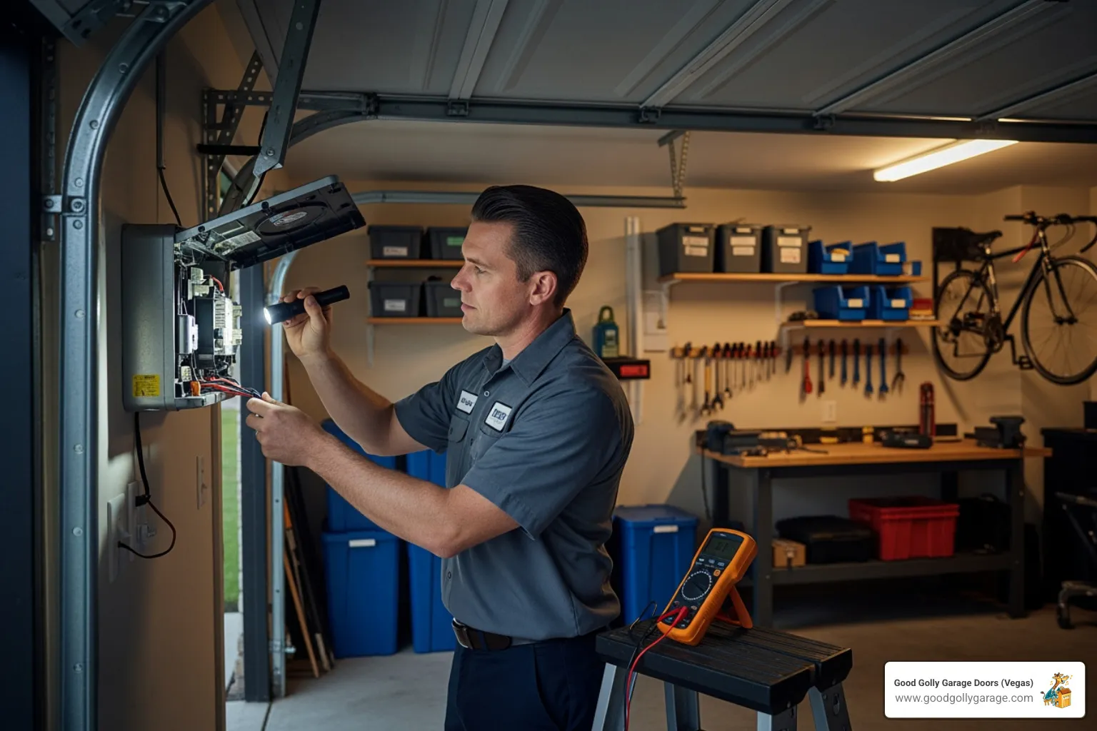 Technician inspecting a garage door opener - garage door repair las vegas nv