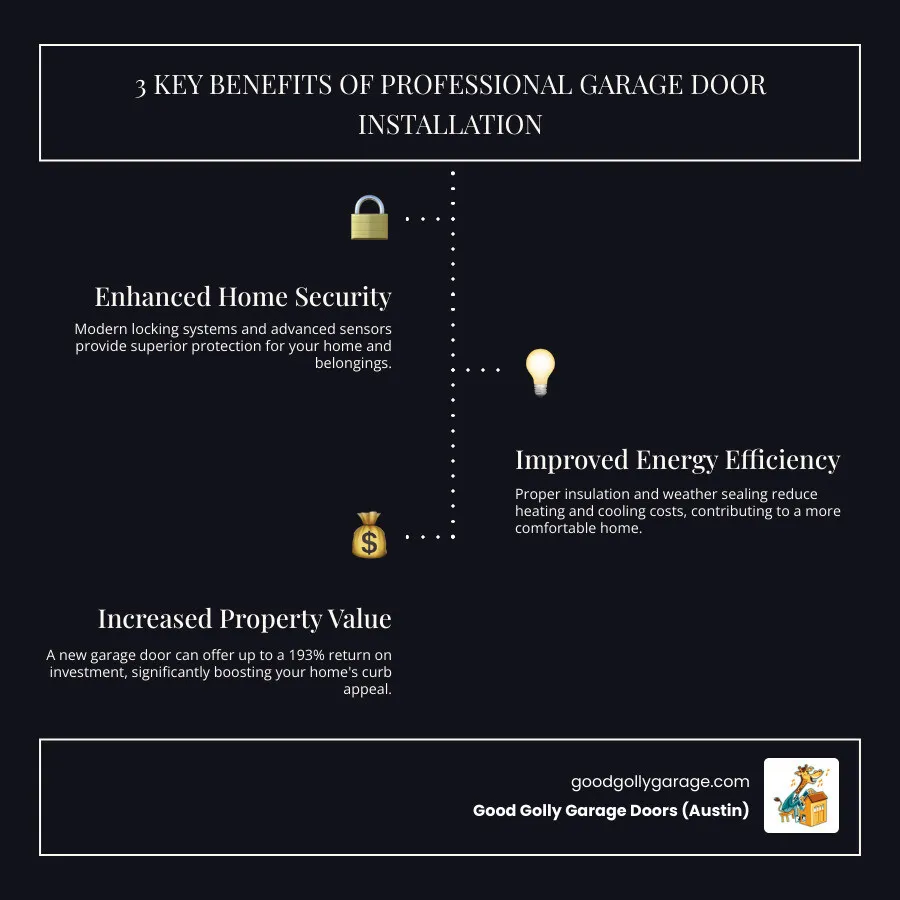 infographic showing the three main benefits of professional garage door installation: enhanced home security with modern locking systems and sensors, improved energy efficiency through proper insulation and weather sealing reducing heating and cooling costs, and increased property value with up to 193 percent return on investment for curb appeal upgrades - best garage door installation in georgetown tx infographic infographic-line-3-steps-dark