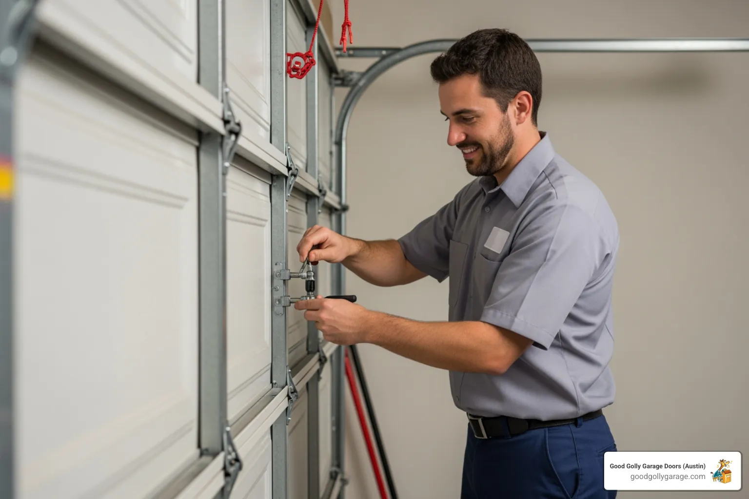 a friendly garage door technician performing a detailed tune-up on a residential garage door, lubricating hinges and inspecting tracks, highlighting professional maintenance - best garage door installation in georgetown tx