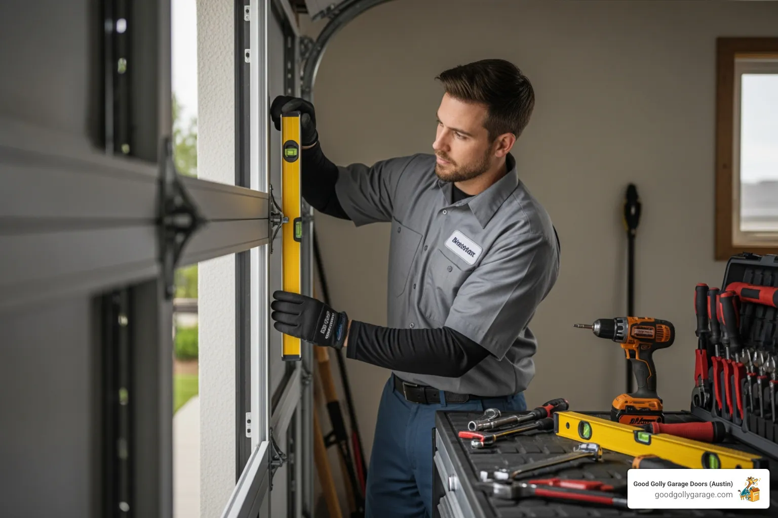 a professional garage door technician carefully installing a new garage door panel, ensuring proper alignment and safety, with tools neatly organized nearby - best garage door installation in georgetown tx
