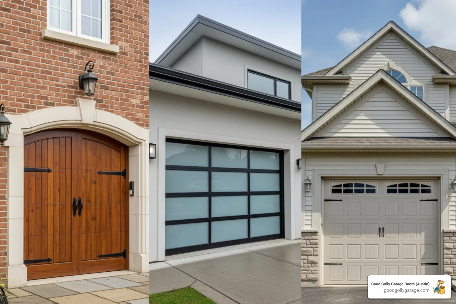 a collage of various garage door styles, including a classic carriage house door, a sleek modern glass and aluminum door, and a traditional raised panel steel door, set against different home facades - best garage door installation in georgetown tx