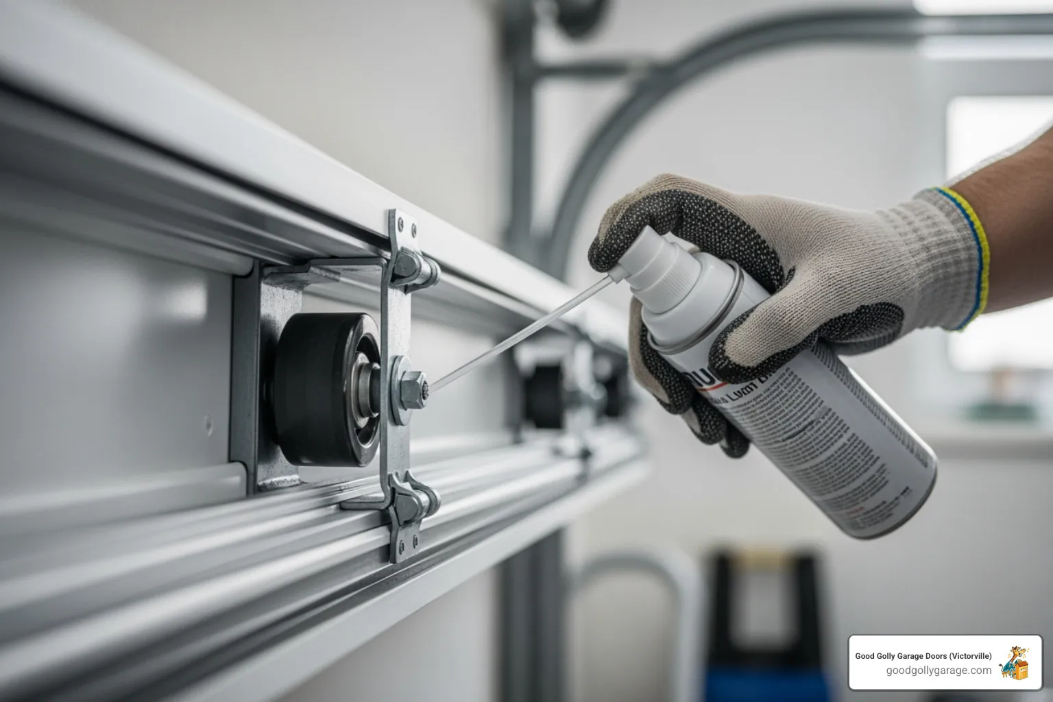 technician lubricating garage door rollers - emergency broken garage door in victorville ca