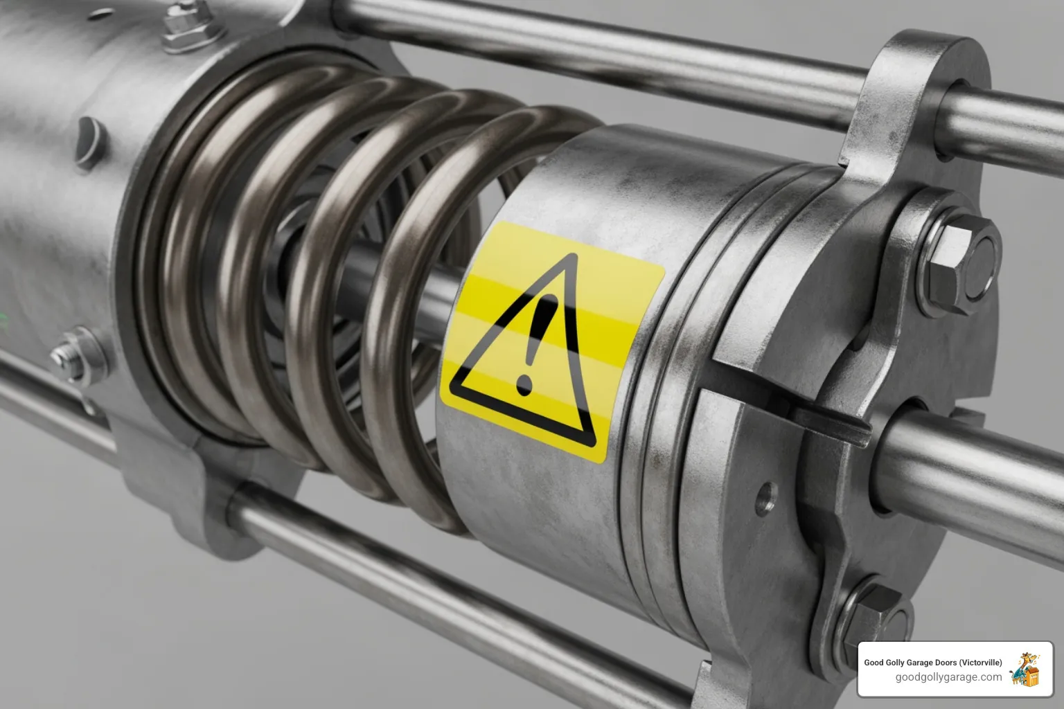 warning label on a garage door component highlighting high tension - emergency broken garage door in victorville ca