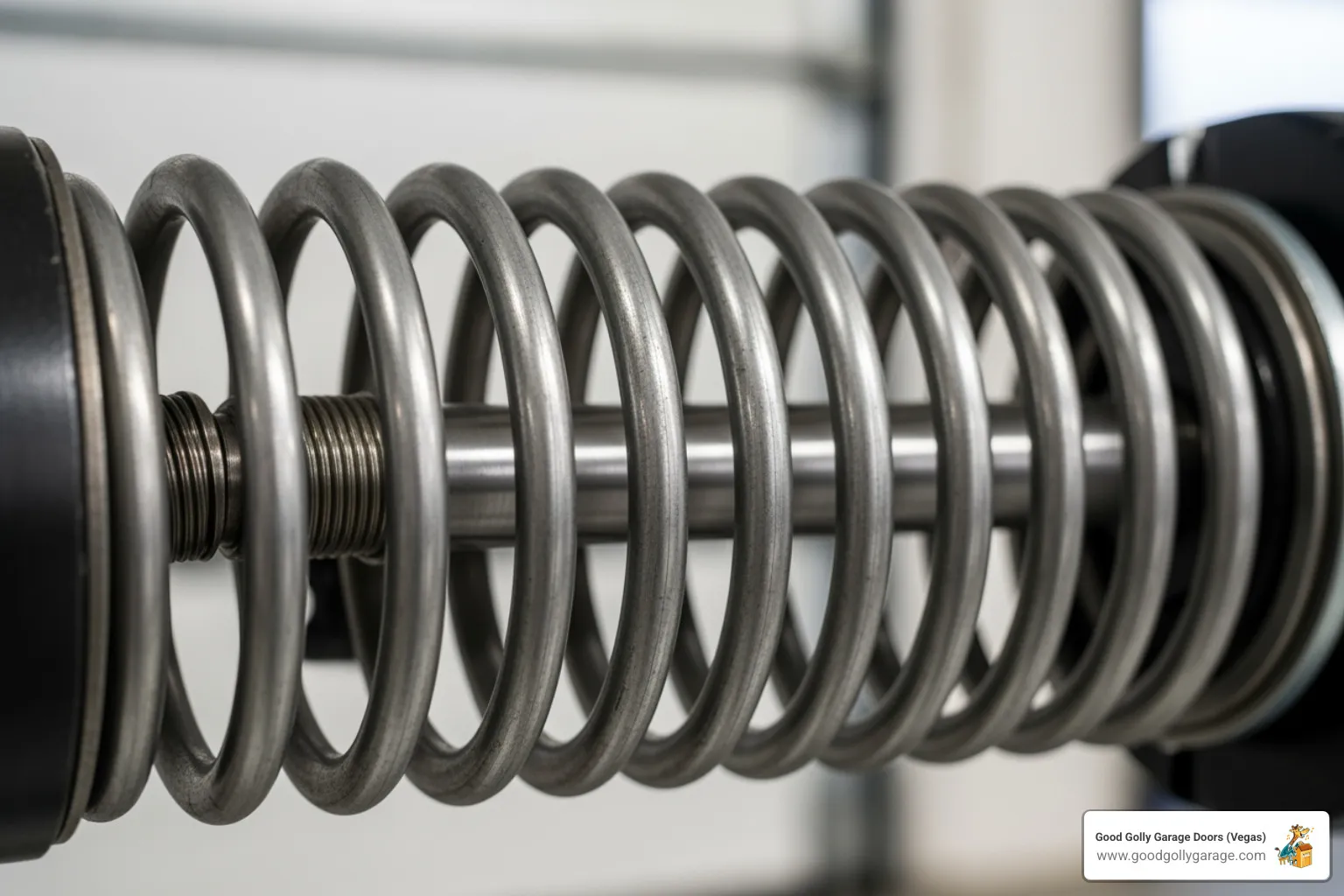 image of a high-tension garage door spring with a warning symbol - emergency broken garage door las vegas nv